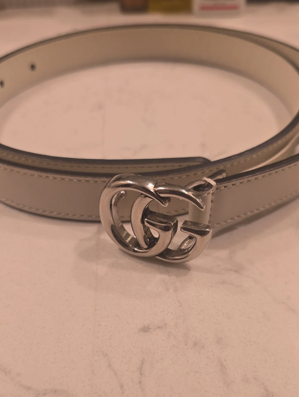 Gucci Cream Leather Belt with Silver Double G Buckle